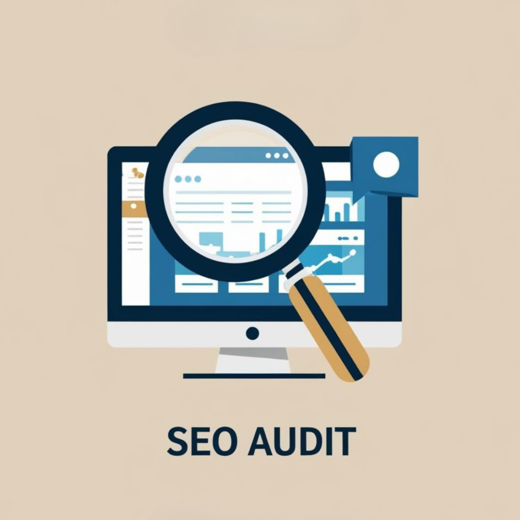 SEO AUDIT Ordinateur avec loupe SEO AUDIT
